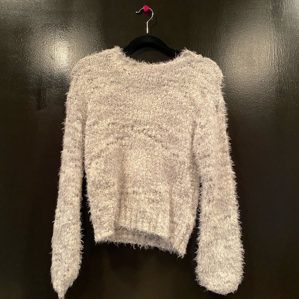 grey and white fuzzy sweater